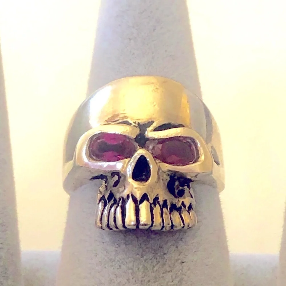 925 sterling silver skull biker ring red cubic zirconia cz stones eyes